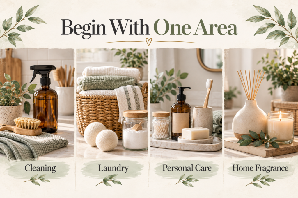 Household areas for gradual toxin-free living changes, including cleaning, laundry, personal care, and home fragrance