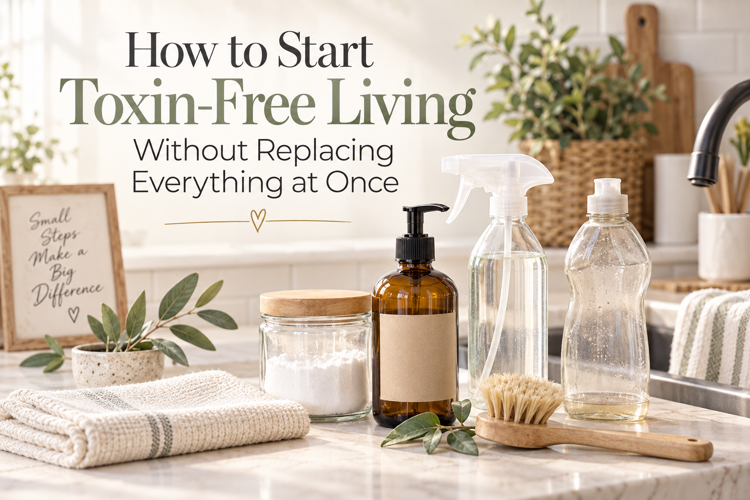 How to Start Toxin-Free Living Without Replacing Everything at Once – Feature Image Calm low-toxin home scene with a few frequently used household products and thoughtful replacements