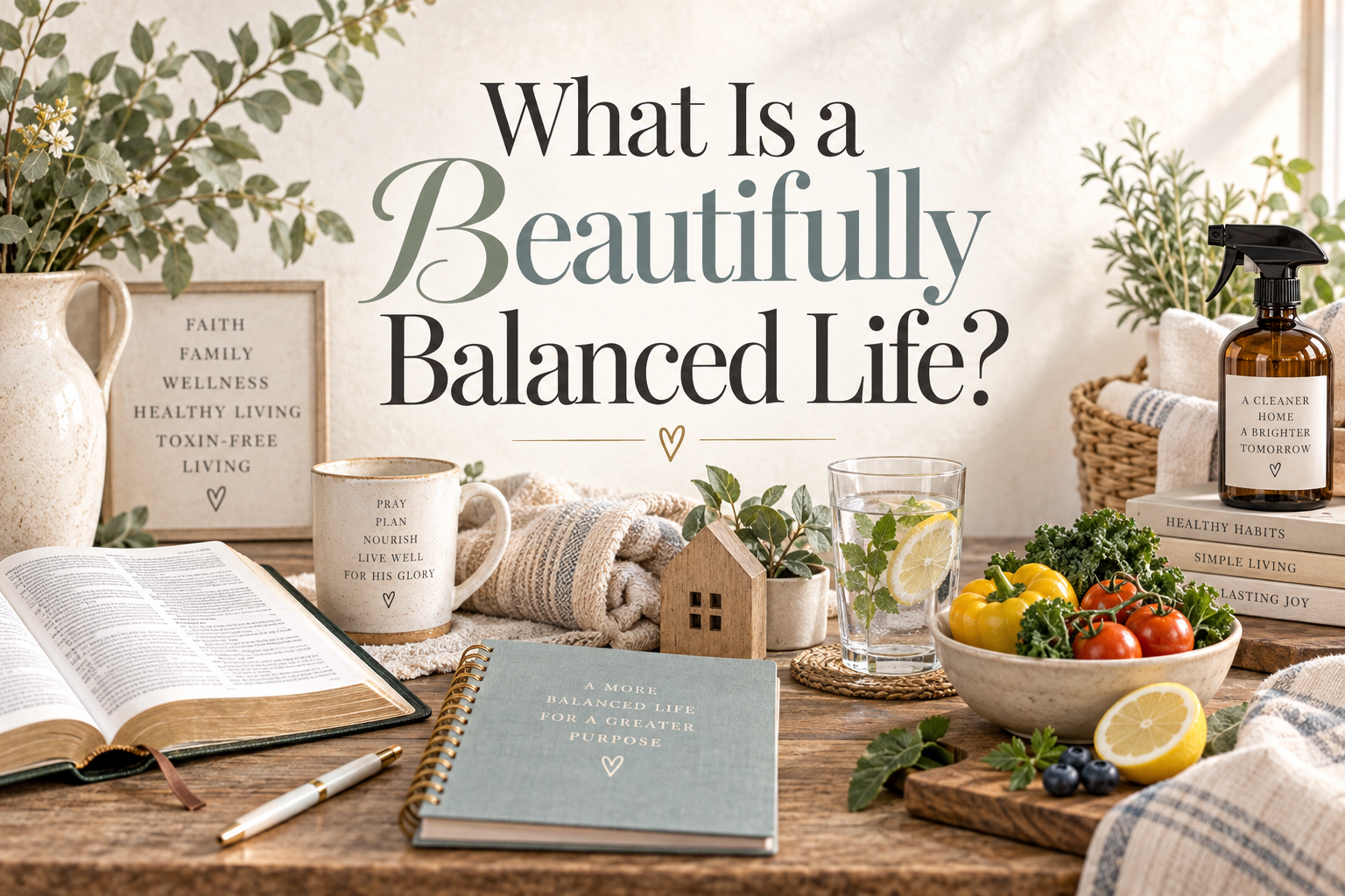 Editorial still life representing a beautifully balanced Christian life through faith, family and home, holistic wellness, nourishing food, and toxin-free living.