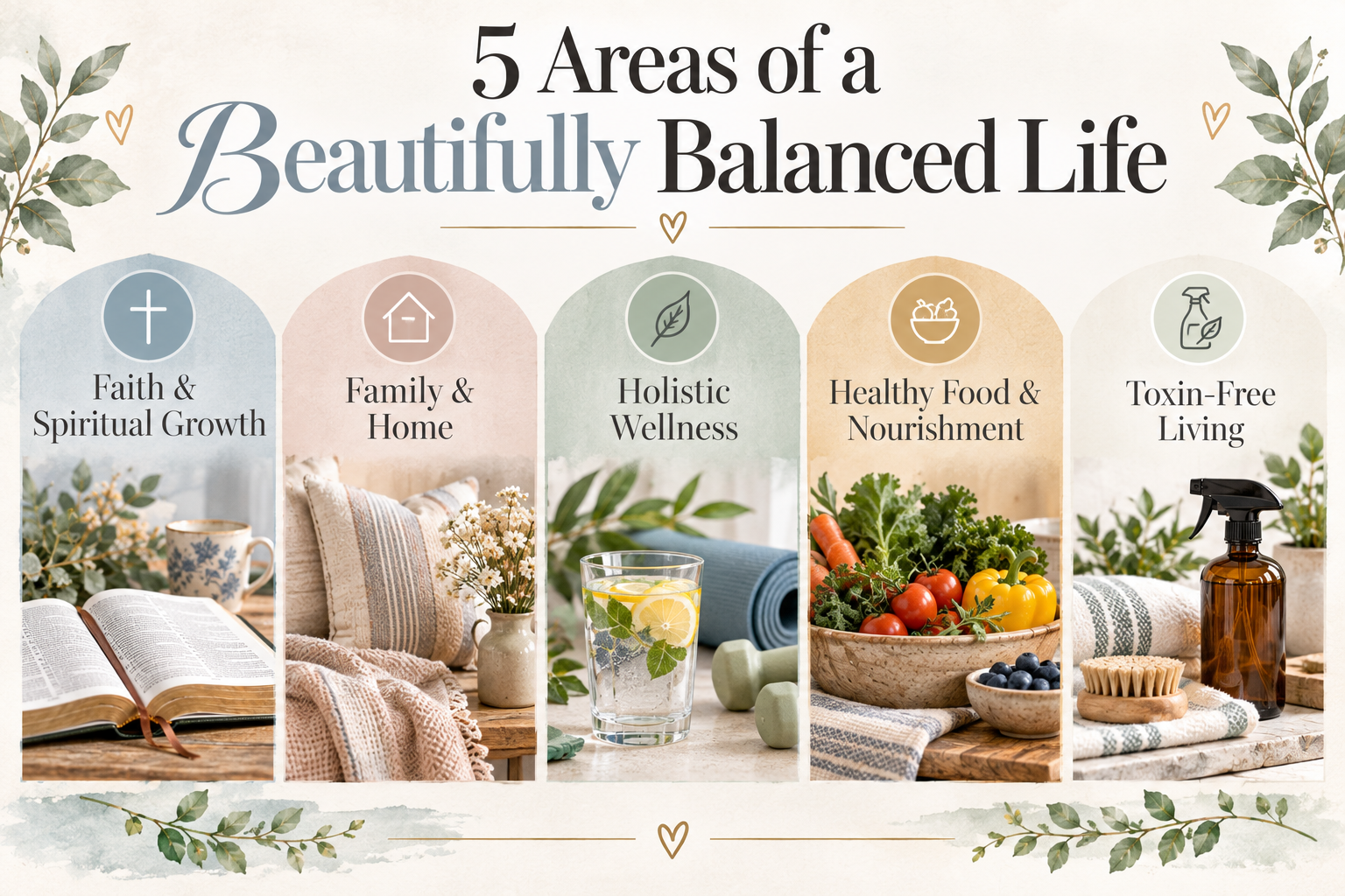 Five Areas of a Beautifully Balanced Life: Faith and Spiritual Growth, Family and Home, Holistic Wellness, Healthy Food and Nourishment, and Toxin-Free Living.