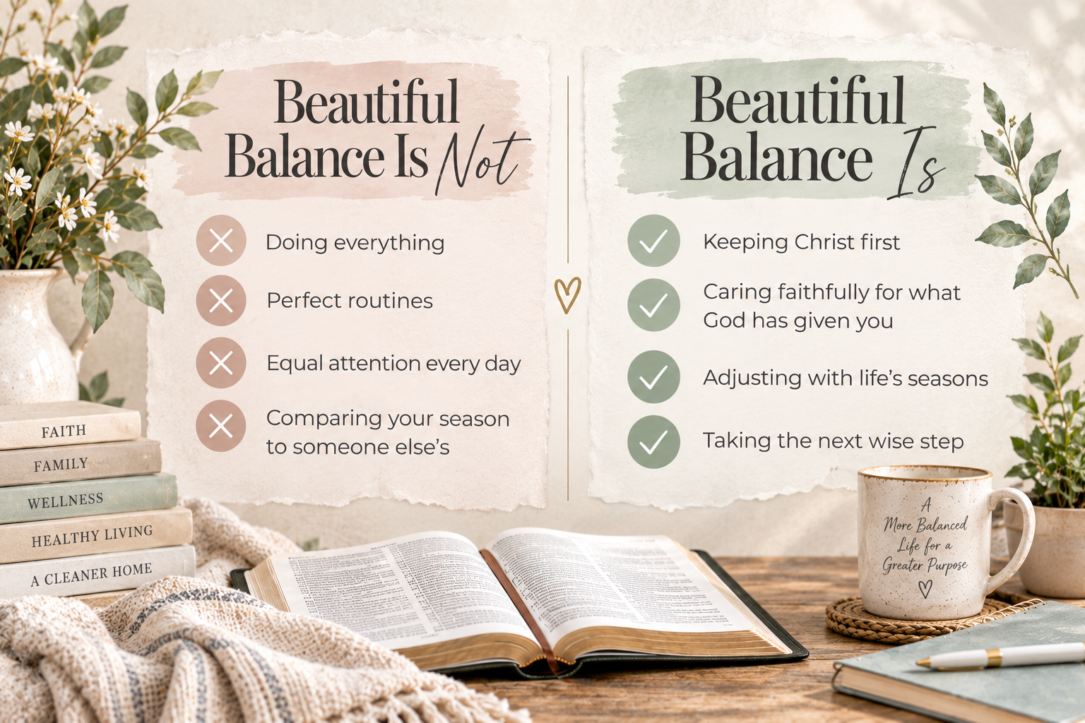 A comparison of what beautiful balance is not—doing everything, perfect routines, equal attention every day, and comparison—with what it is: keeping Christ first and taking the next wise step.