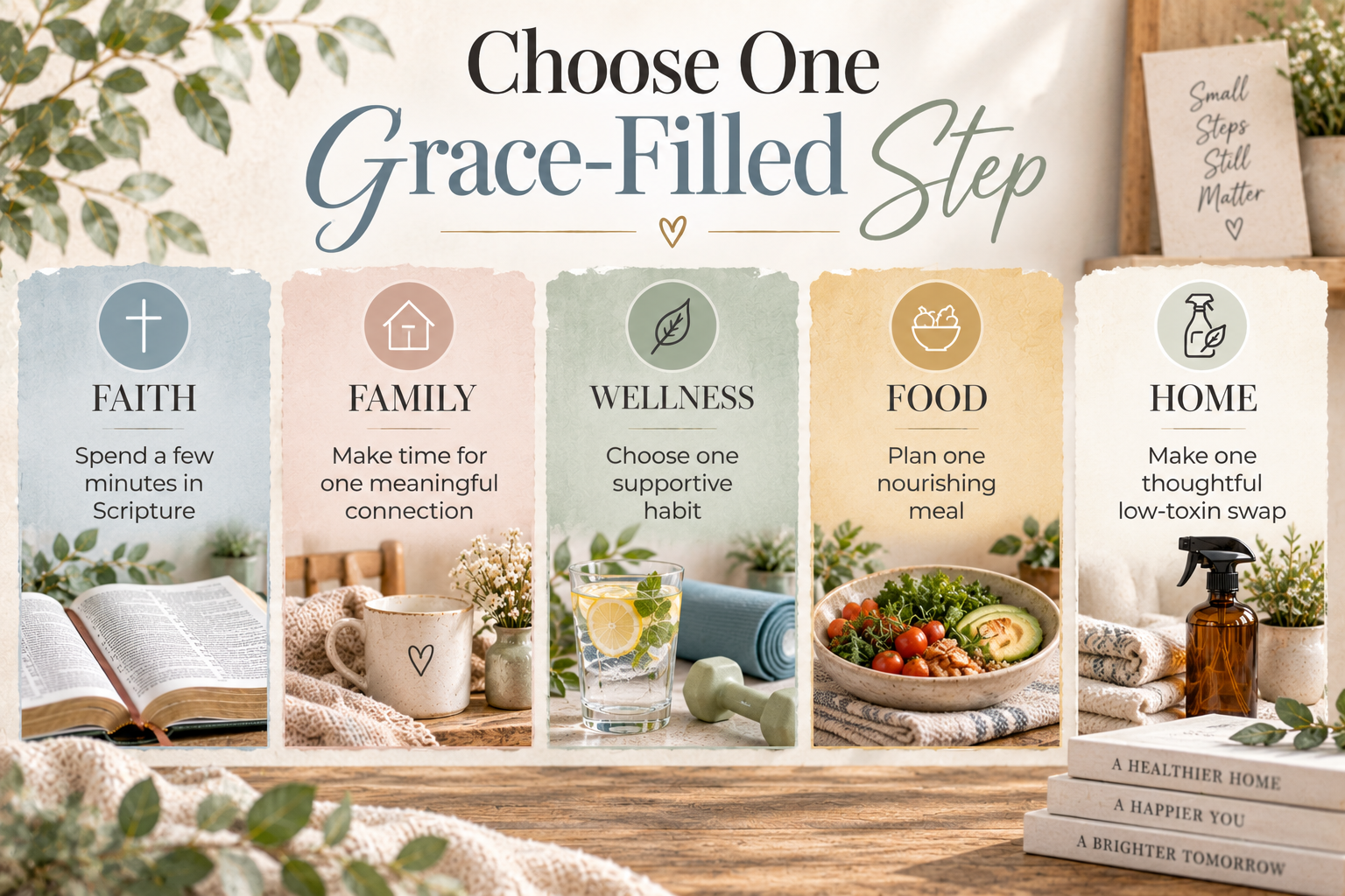 Five grace-filled next steps: spend time in Scripture, make one meaningful connection, choose one supportive habit, plan one nourishing meal, and make one thoughtful low-toxin swap.