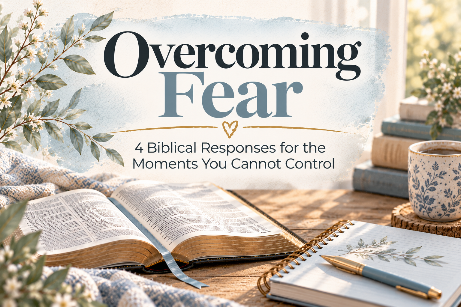 Open Bible and notebook beside a doorway with the words Overcoming Fear
