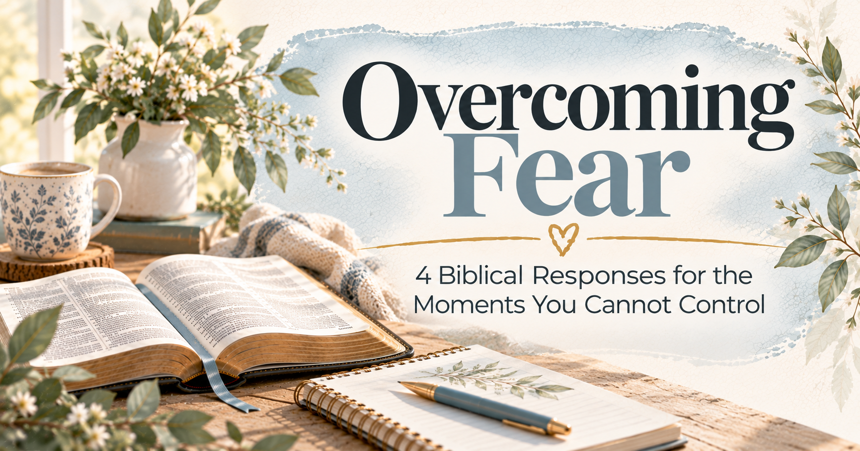 Overcoming Fear Scripture writing plan scene with an open Bible and notebook