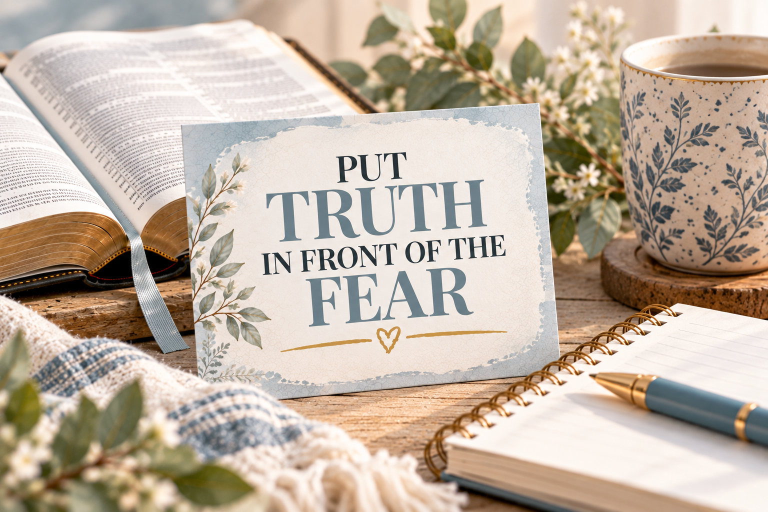 Open Bible and handwritten card reminding the reader to put truth in front of fear