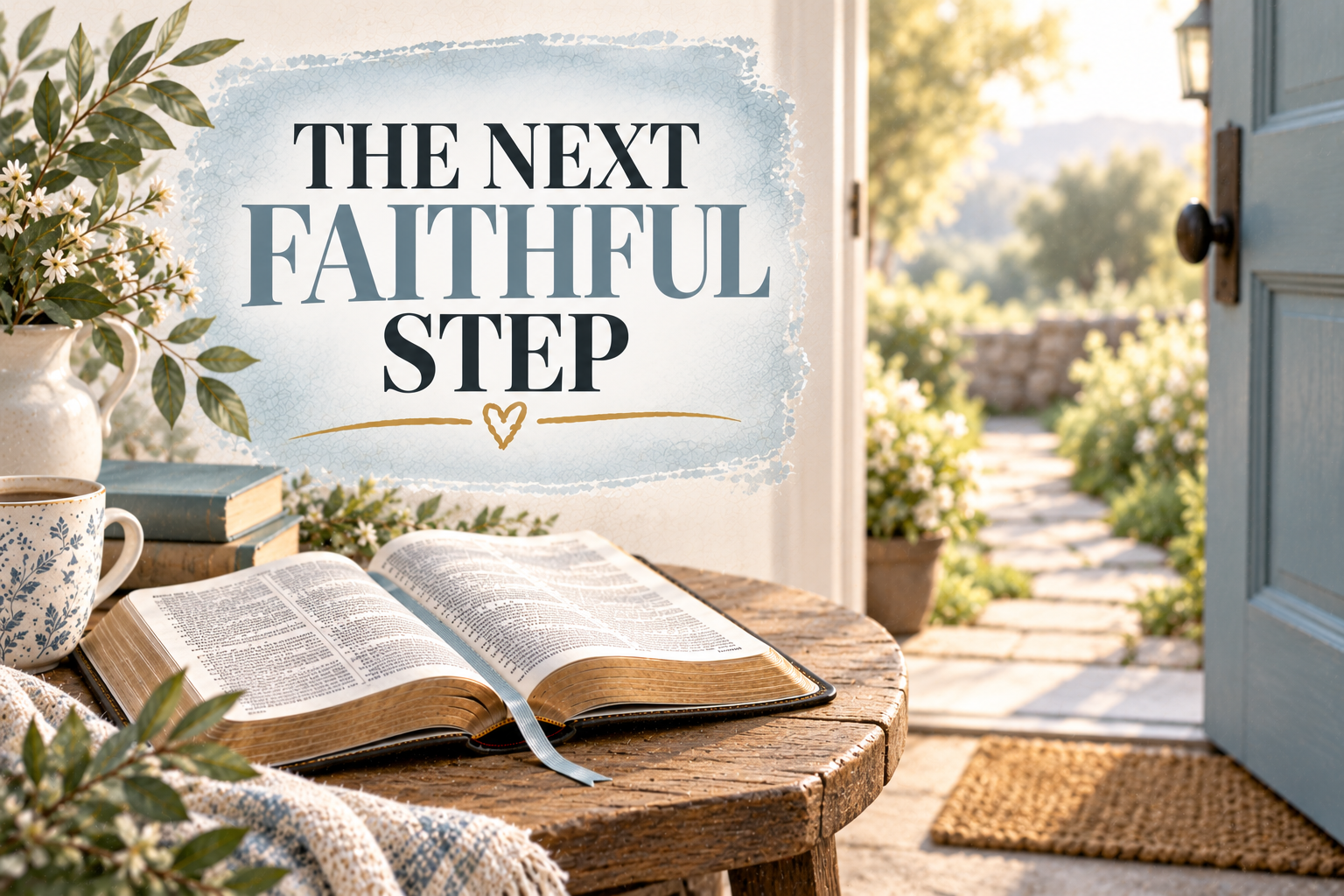 Open Bible beside a doorway with the words The Next Faithful Step