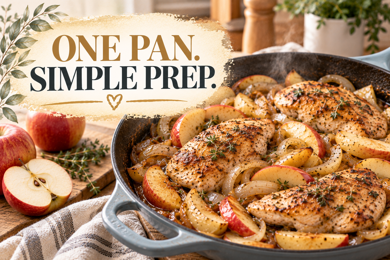 One-Pan Apple Chicken Skillet One-pan apple chicken skillet with tender chicken, sliced apples, onion, and herbs