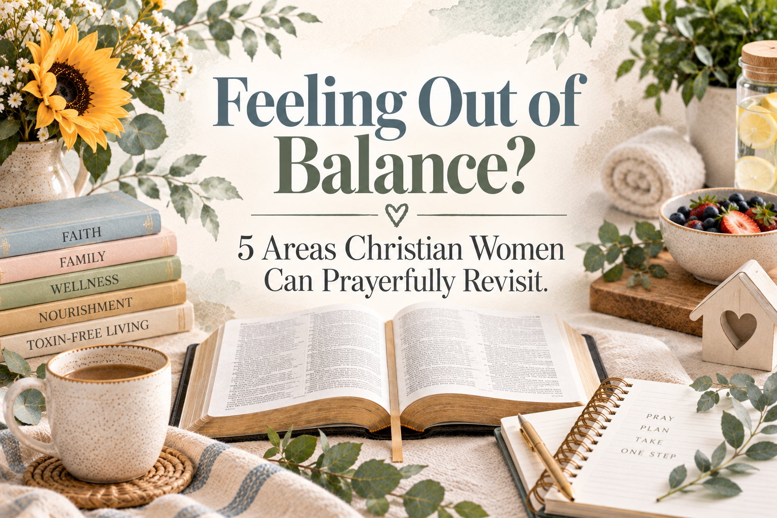 Open Bible and planner surrounded by subtle visual cues for faith, family, holistic wellness, healthy nourishment, and toxin-free living, with the title Feeling Out of Balance? 5 Areas Christian Women Can Prayerfully Revisit.