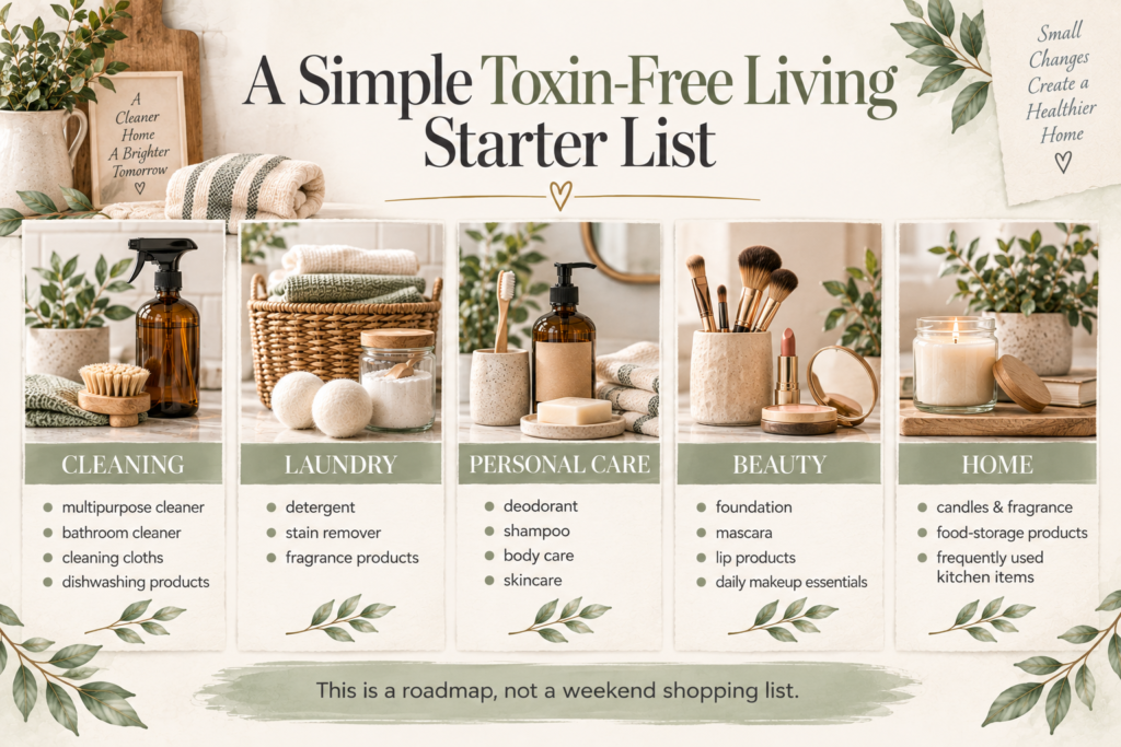 Toxin-free living starter list with cleaning, laundry, personal care, beauty, and home categories