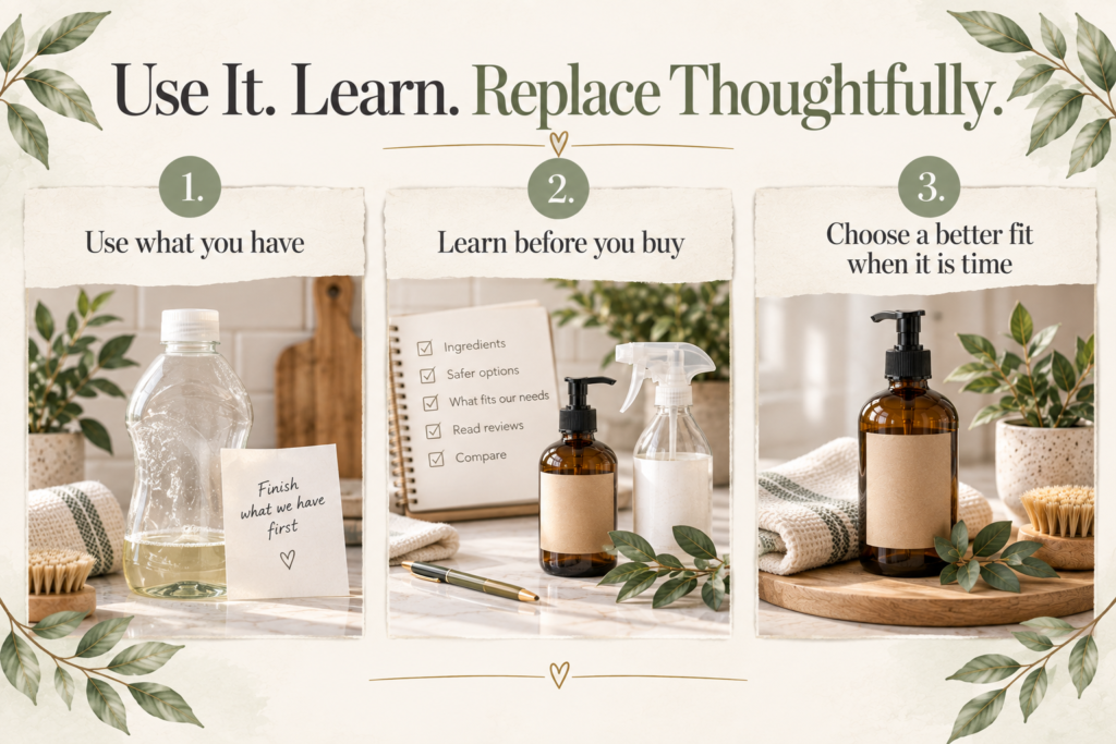 Simple process to use what you have, learn before buying, and replace household products thoughtfully.